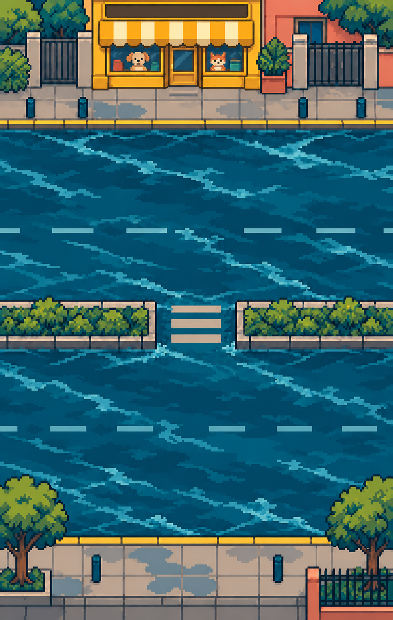 Calle pixel art con tienda de mascotas, árboles e inundación